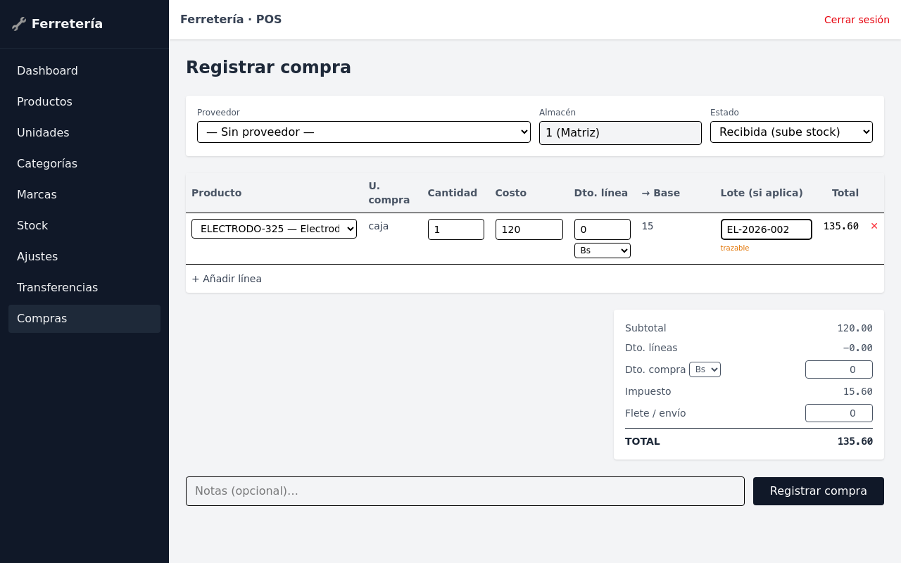 Pantalla de r2inventory: registro de una compra con unidad de compra (caja), conversión a base y lote trazable