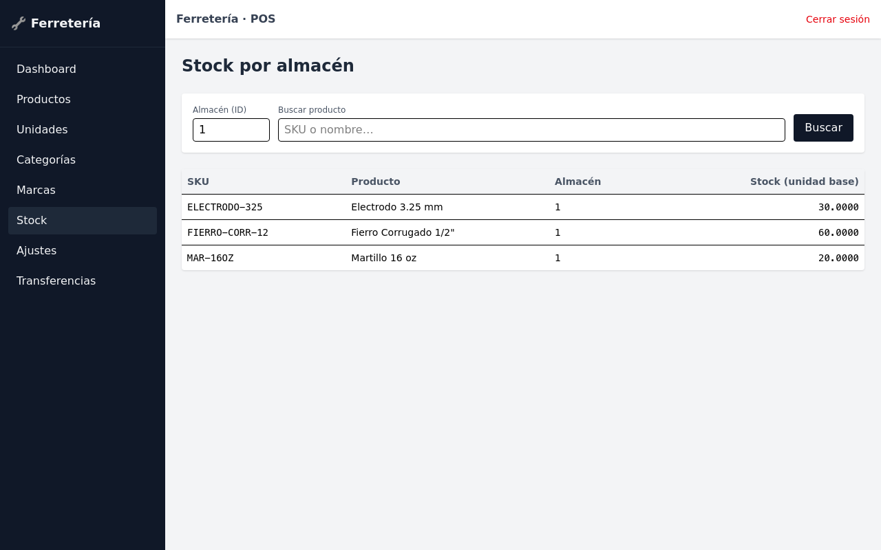 Pantalla de r2inventory: stock por almacén con productos y cantidades en unidad base
